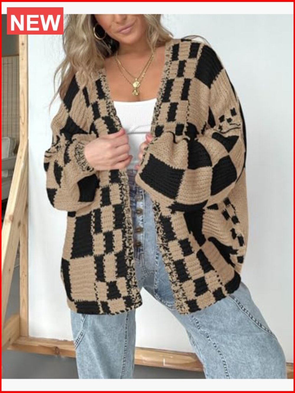 Long Sleeve Open Front Chunky Knit Checkered Cardigan Sweater for Women - Picture 2 of 7